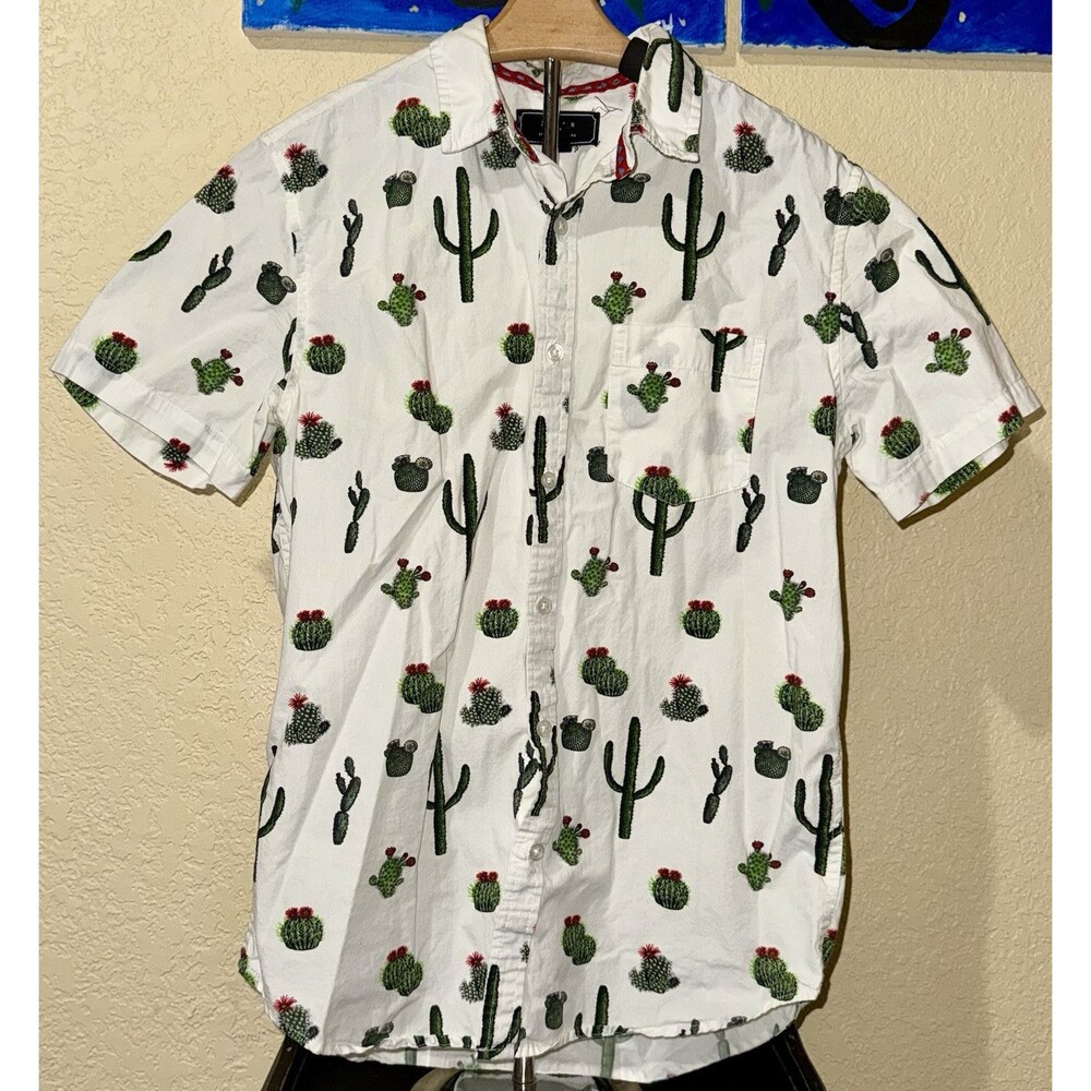 21 Men barrel cactus saguaro prickly pear button-front Hawaiian shirt size Small